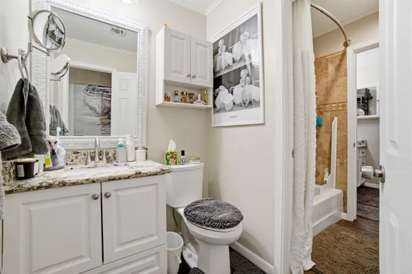 a bathroom with a granite countertop sink a toilet and a mirror