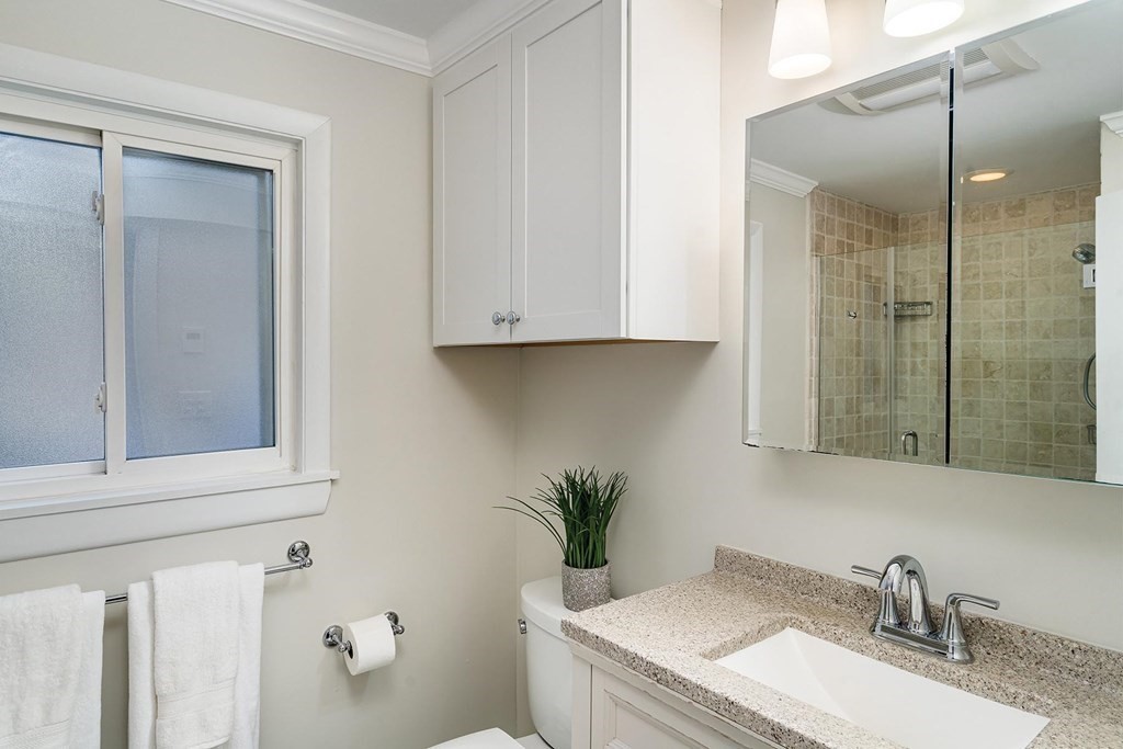 33 A Burroughs Street Boston, MA 02130 - Photo 12 of 15 a bathroom with a granite countertop sink a mirror and vanity
