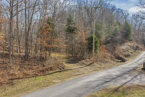 a view of a yard with wooden fence