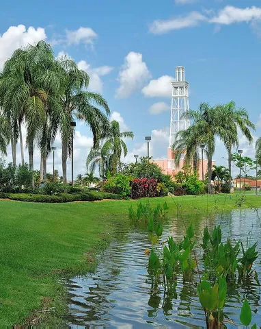 a view of a lake in middle of the town