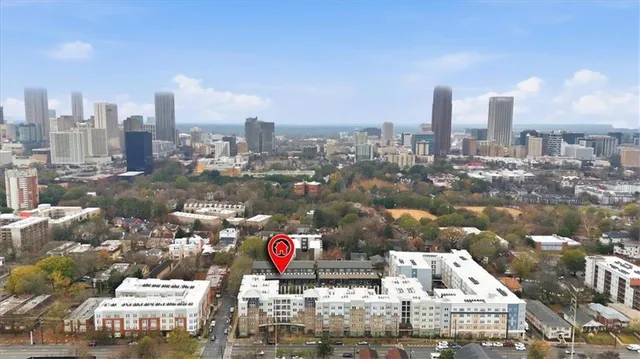 a city view with a lake