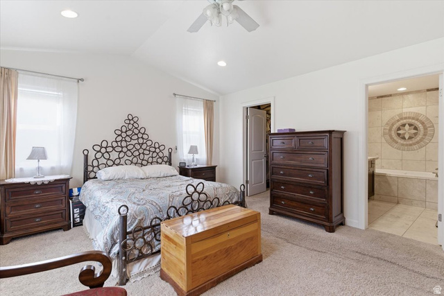 6237 West 4600th Street South Hooper, UT 84315 - Photo 15 of 48 Bedroom featuring light colored carpet, a walk in closet, lofted ceiling, ceiling fan, and recessed lighting