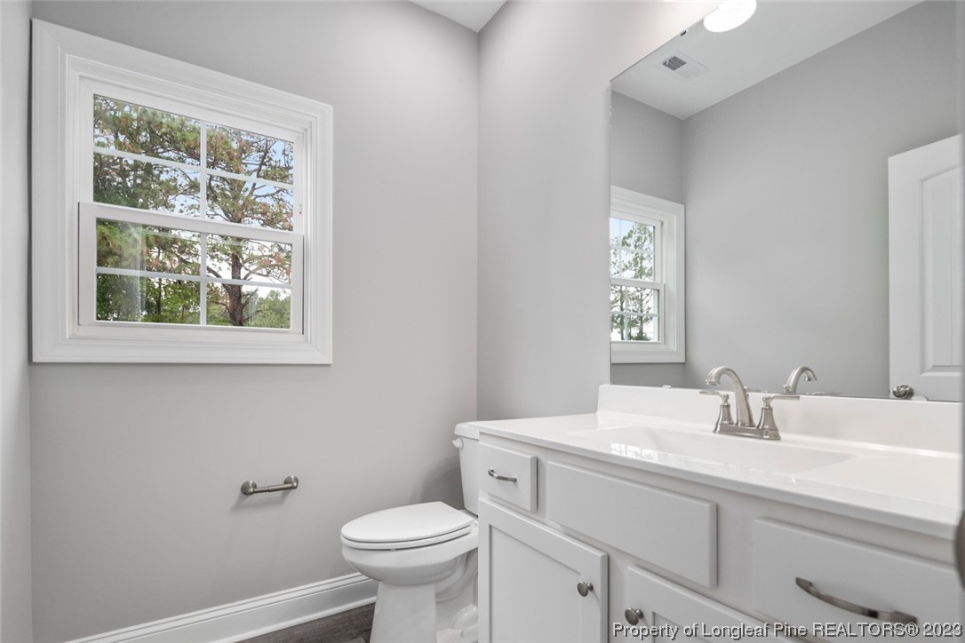 4750 Blue Sand Hill Road Fayetteville, NC 28312 - Photo 11 of 42 a bathroom with a toilet a sink a mirror and a window