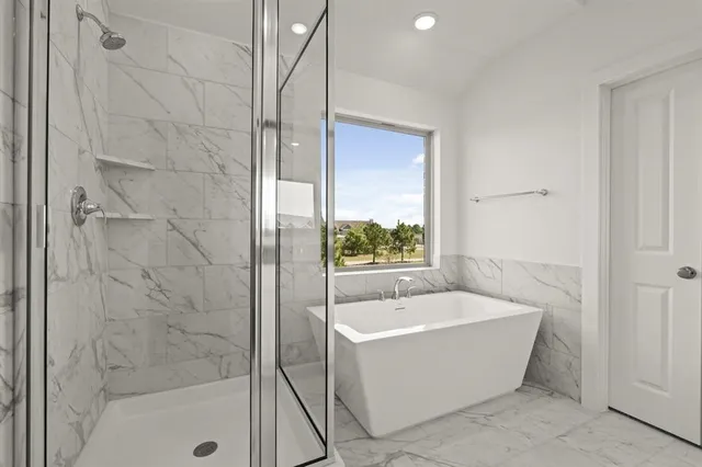 a bathroom with a bathtub and shower
