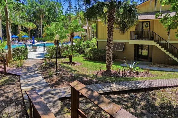 a view of a backyard with plants and a patio
