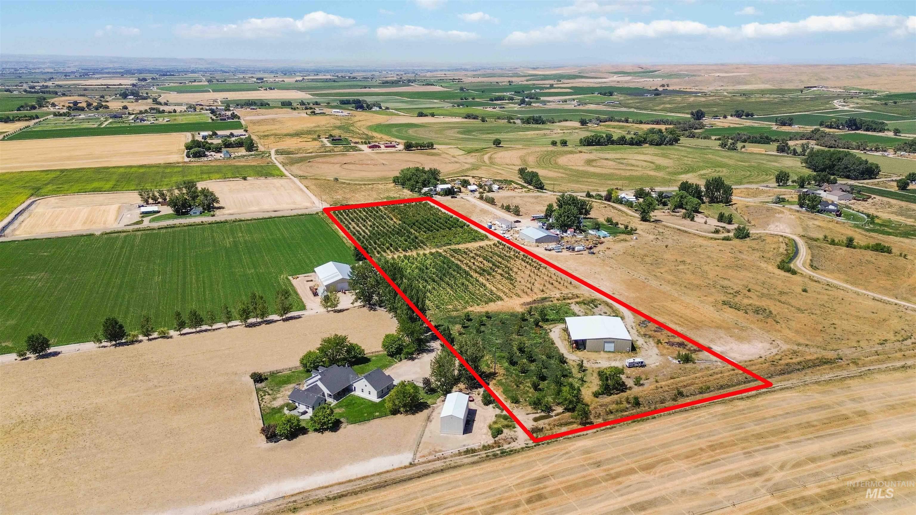 27260 Hop Road Caldwell, ID 83607 - Photo 2 of 21 Aerial view of sparsely populated area featuring property boundaries highlighted and rows of crops