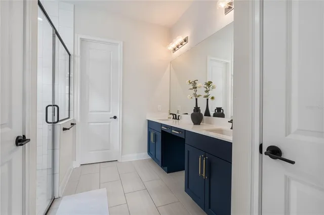 a spacious bathroom with a double vanity sink a mirror and a shower