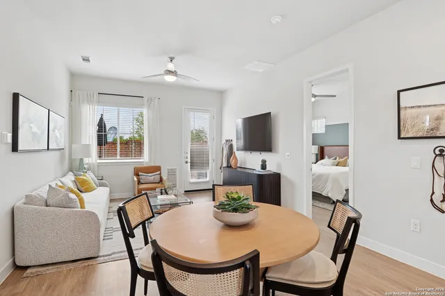 a view of a dining room with furniture