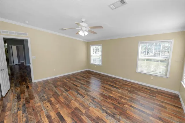 a view of a park with large trees