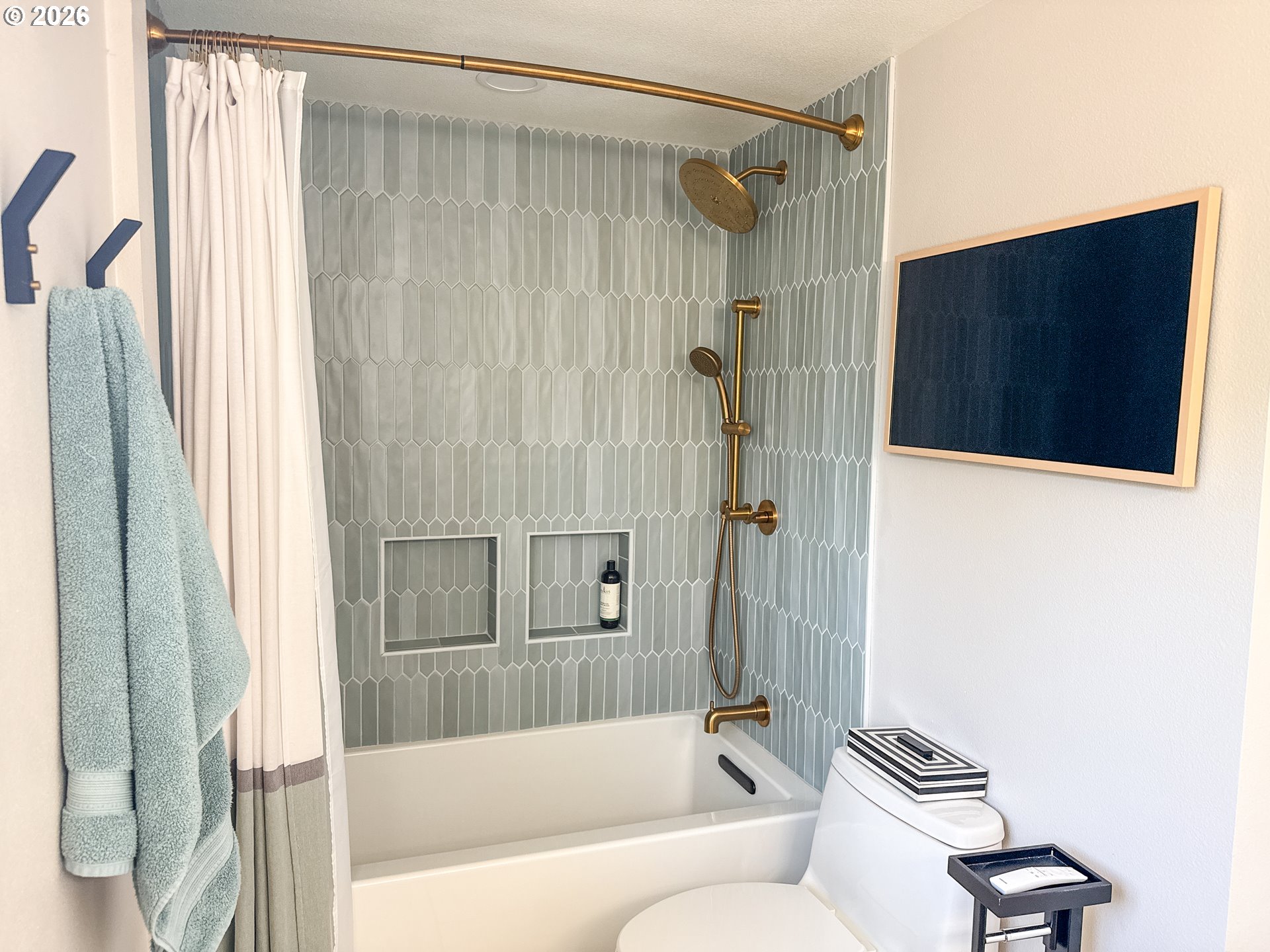 11734 Southeast Idleman Road Happy Valley, OR 97086 - Photo 29 of 48 a bathroom with a shower curtain and a shower