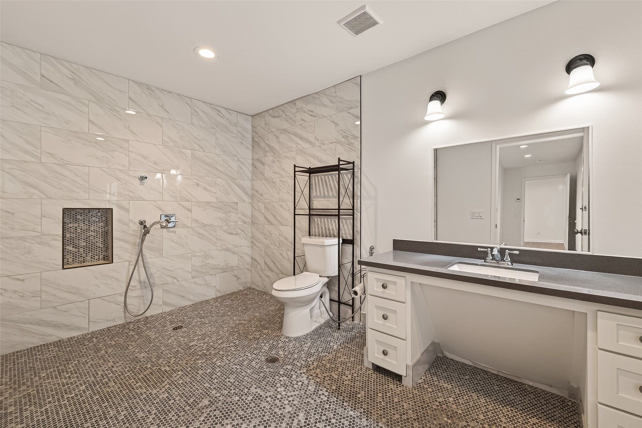 29 Palmero Way Manvel, TX 77578 - Photo 19 of 31 Fully ADA-accessible bathroom added during garage conversion, featuring a walk-in shower for comfort and ease of use.