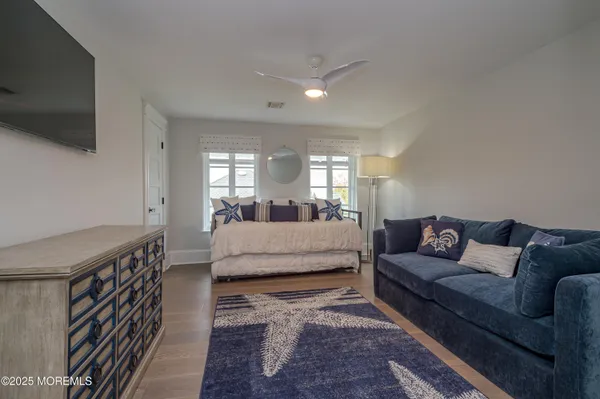 an aerial view of a house with a big yard