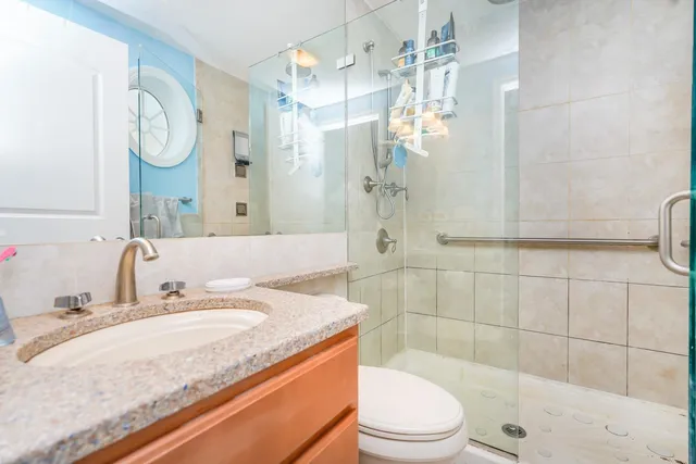 a bathroom with a granite countertop sink toilet a mirror and shower
