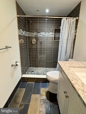 a bathroom with a granite countertop sink toilet and shower