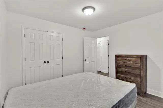 a bedroom with a bed and a closet