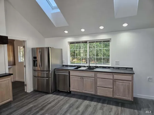 a view of a yard with plants and trees