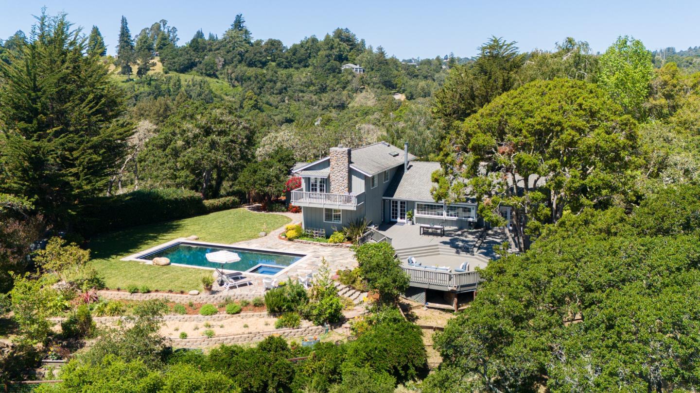 348 Los Robles Road Soquel, CA 95073 - Photo 60 of 87 an aerial view of a house with swimming pool and garden