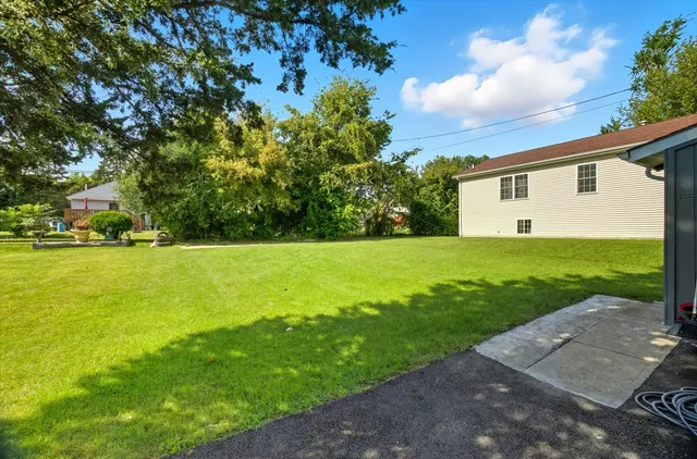 a view of a backyard with large trees