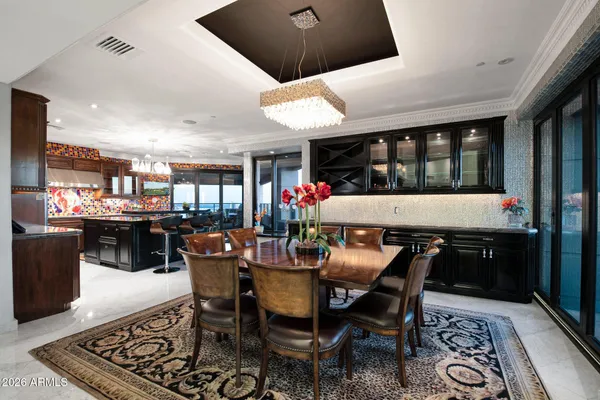 a view of a dining room with furniture