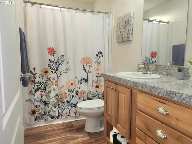 a bathroom with a granite countertop sink and a toilet