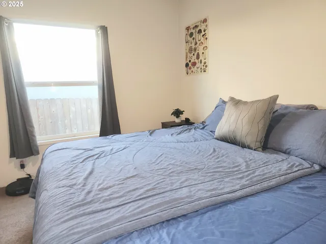 a bedroom with a bed and a window