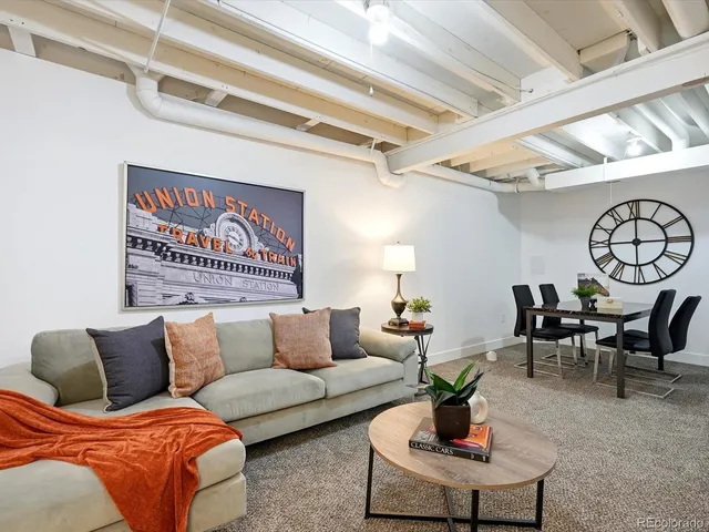 a living room with furniture and a clock