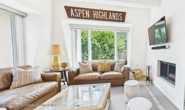 a living room with furniture a fireplace and a flat screen tv