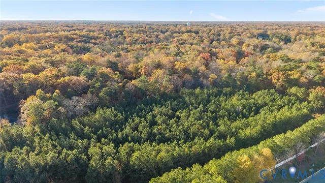 an aerial view of residential houses with outdoor space and trees
