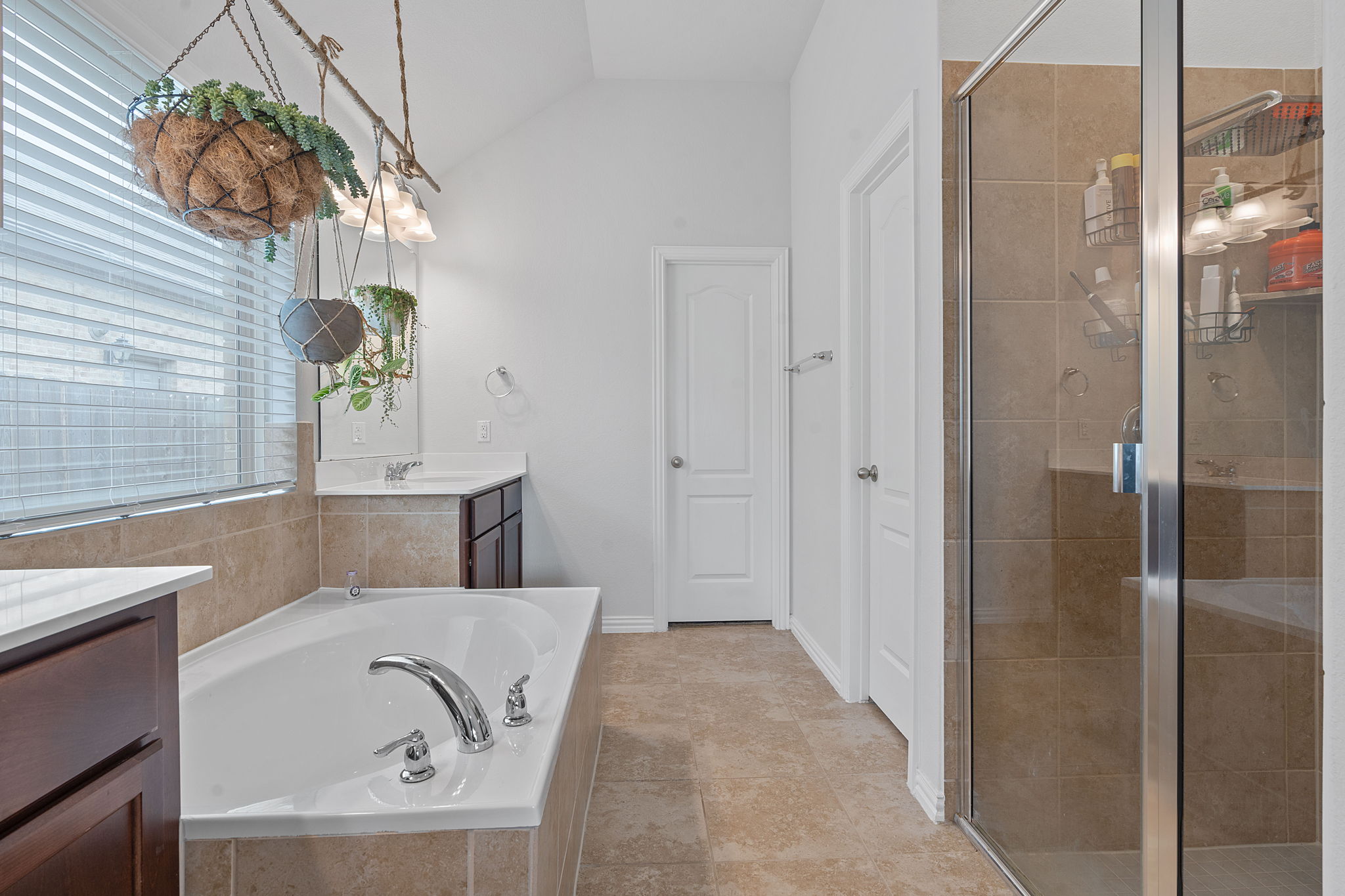 213 Treasure Trove Path Kyle, TX 78640 - Photo 22 of 29 Bathroom with vanity, a shower stall, a bath, and vaulted ceiling