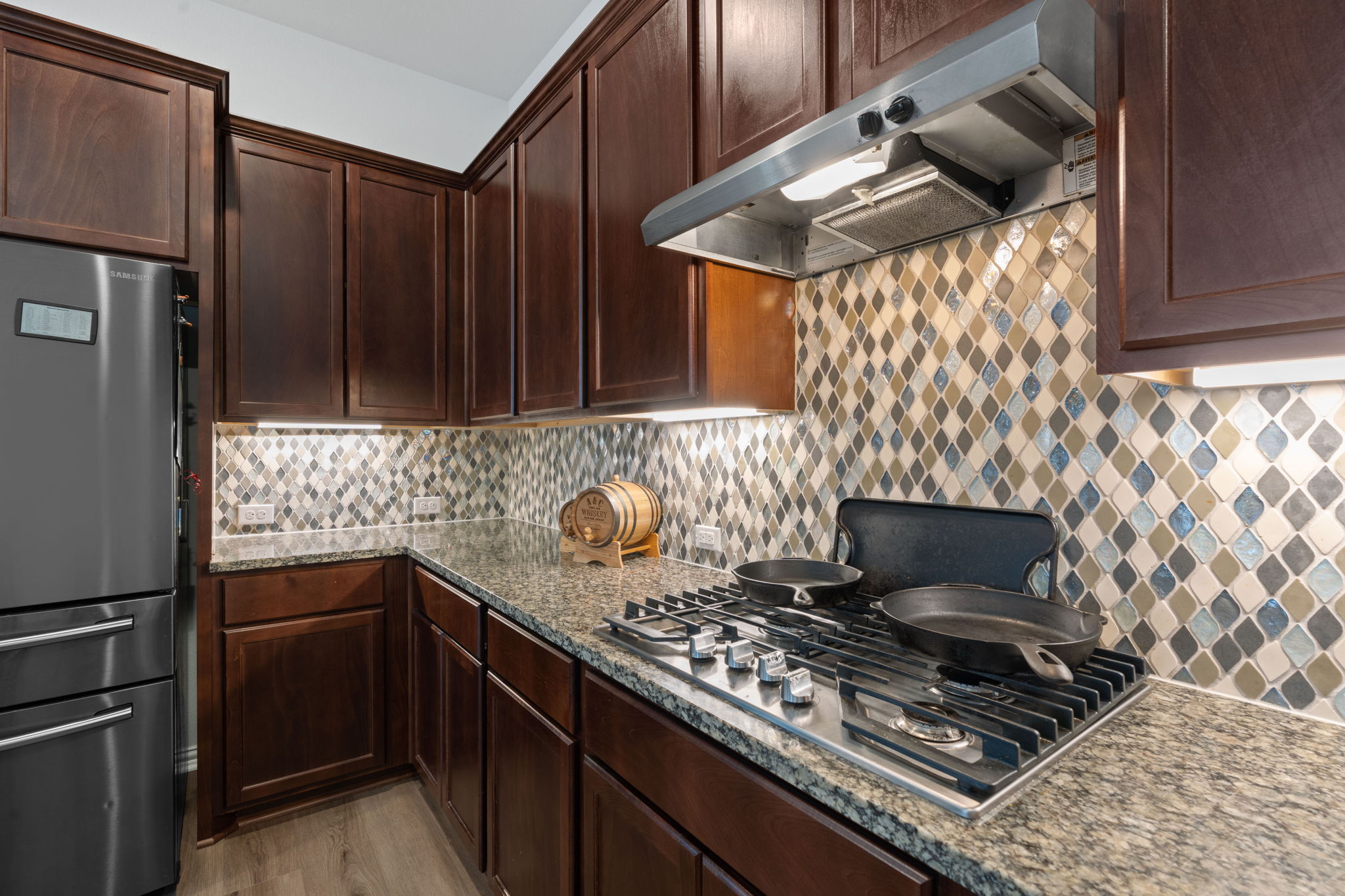 213 Treasure Trove Path Kyle, TX 78640 - Photo 8 of 29 Kitchen with stainless steel appliances, decorative backsplash, dark stone counters, and dark wood finish cabinetry