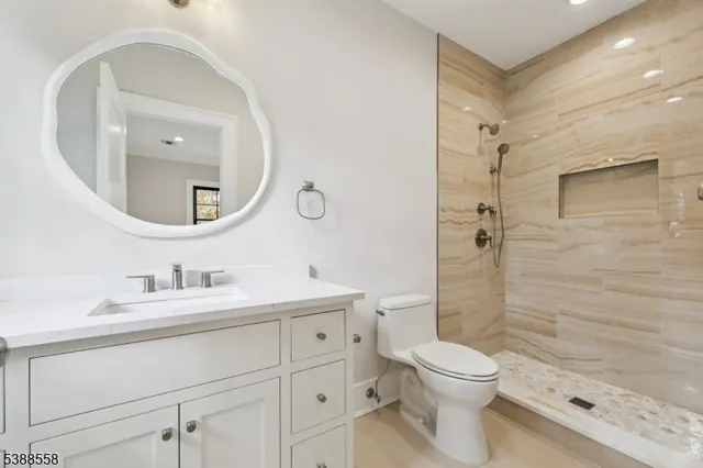 a bathroom with a toilet a sink a mirror and vanity