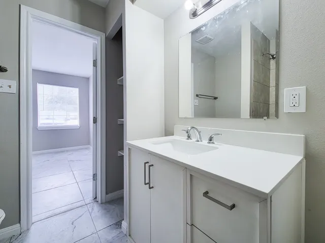 a bathroom with a sink and a mirror