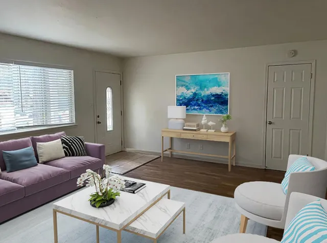 a view of a brick building with a large window