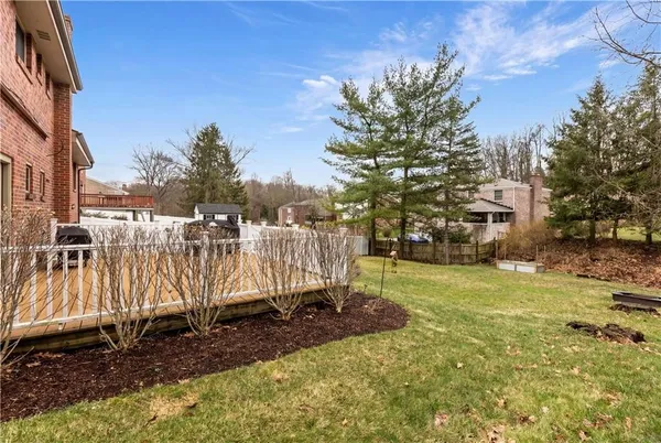 a view of a yard with large trees