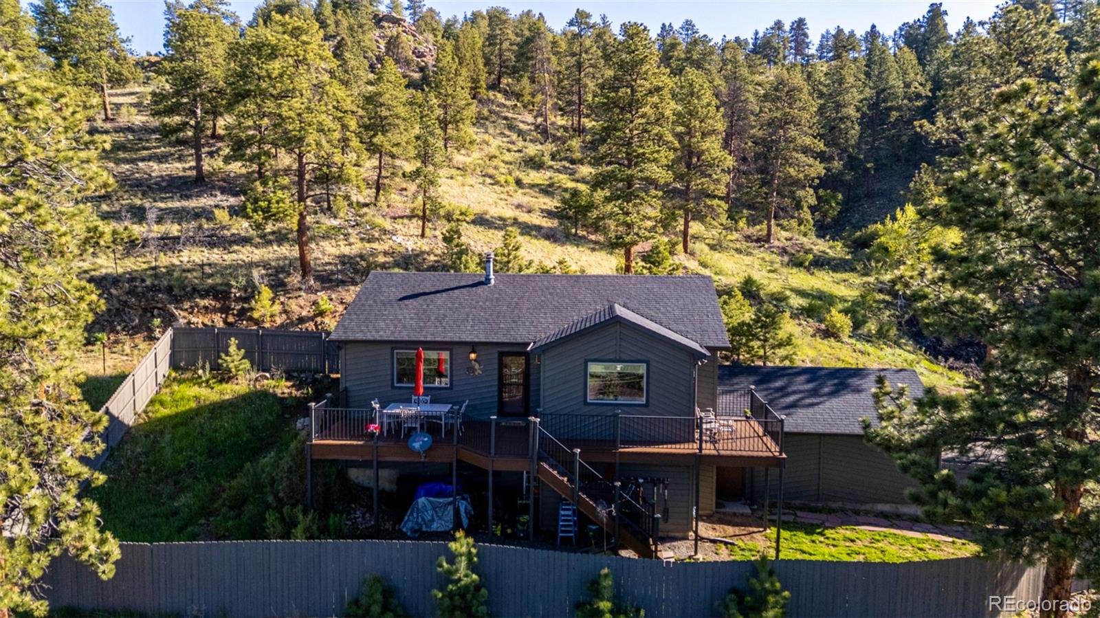 13950 Pine Valley Road Pine, CO 80470 - Photo 2 of 49 an aerial view of a house with swimming pool and garden