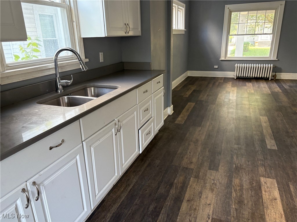 3258 Berkshire Road Cleveland, OH 44118 - Photo 13 of 23 Kitchen with radiator heating unit, dark wood-style flooring, white cabinetry, and dark countertops