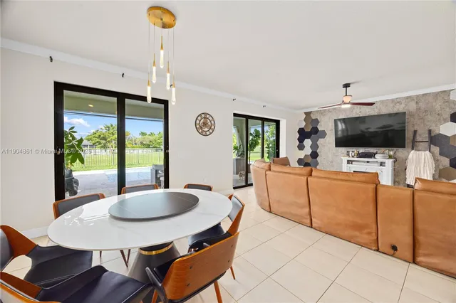 a view of a dining room with furniture window and outside view