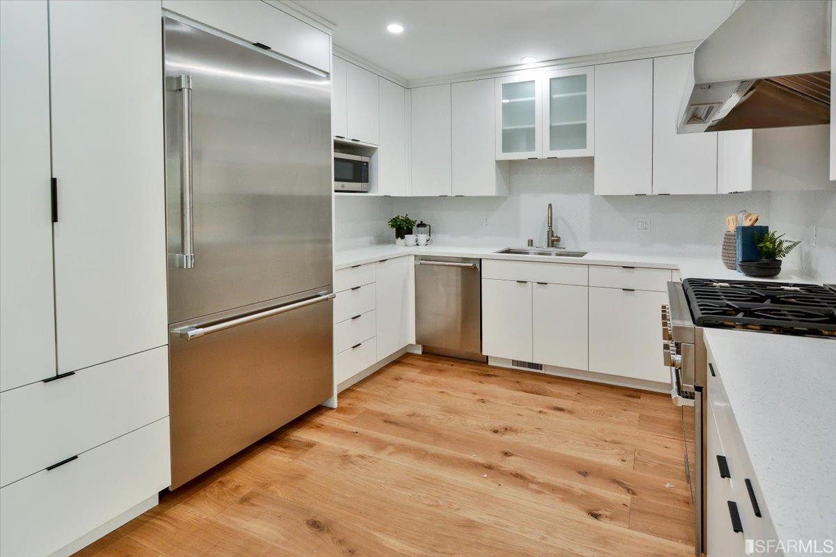 334 Holladay Avenue San Francisco, CA 94110 - Photo 11 of 36 a kitchen with white cabinets and white appliances
