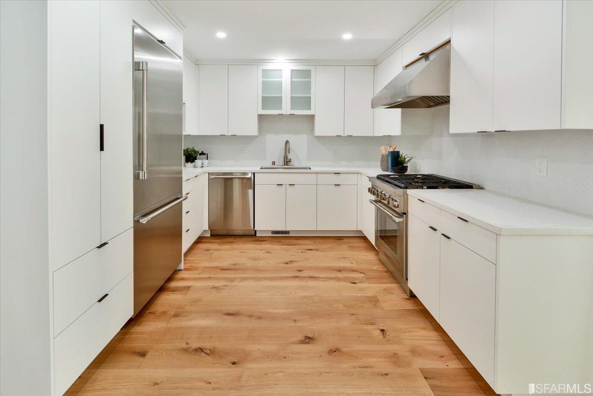 334 Holladay Avenue San Francisco, CA 94110 - Photo 10 of 36 a kitchen with white cabinets sink and stainless steel appliances