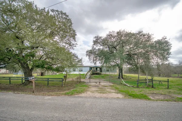 a view of a park with large trees