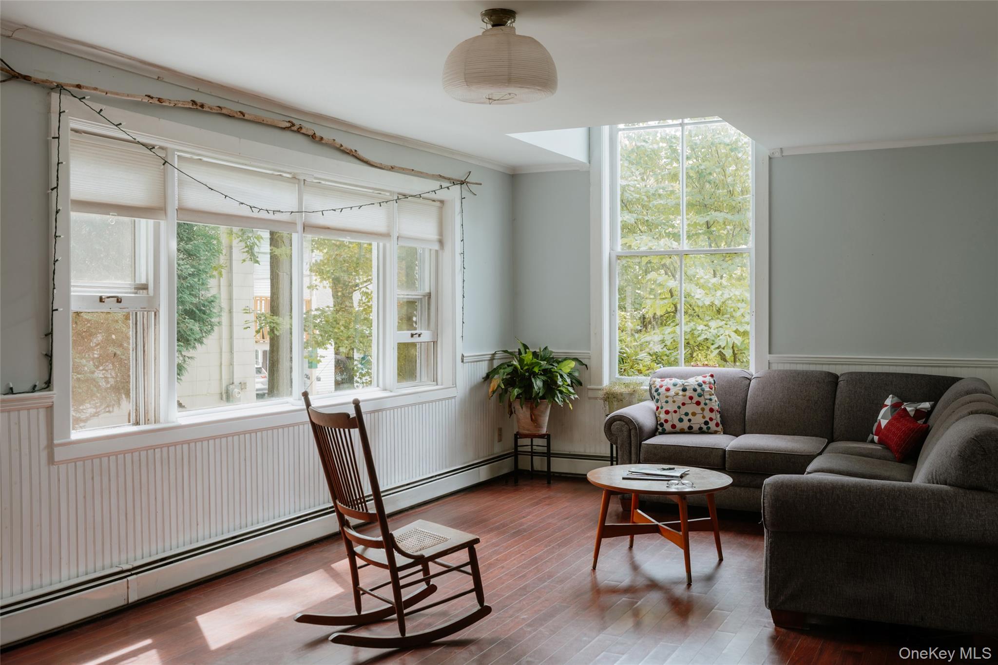 48 Upper Main Street Callicoon, NY 12723 - Photo 34 of 48 Living area with a baseboard radiator, ornamental molding, plenty of natural light, wood finished floors, and a wainscoted wall