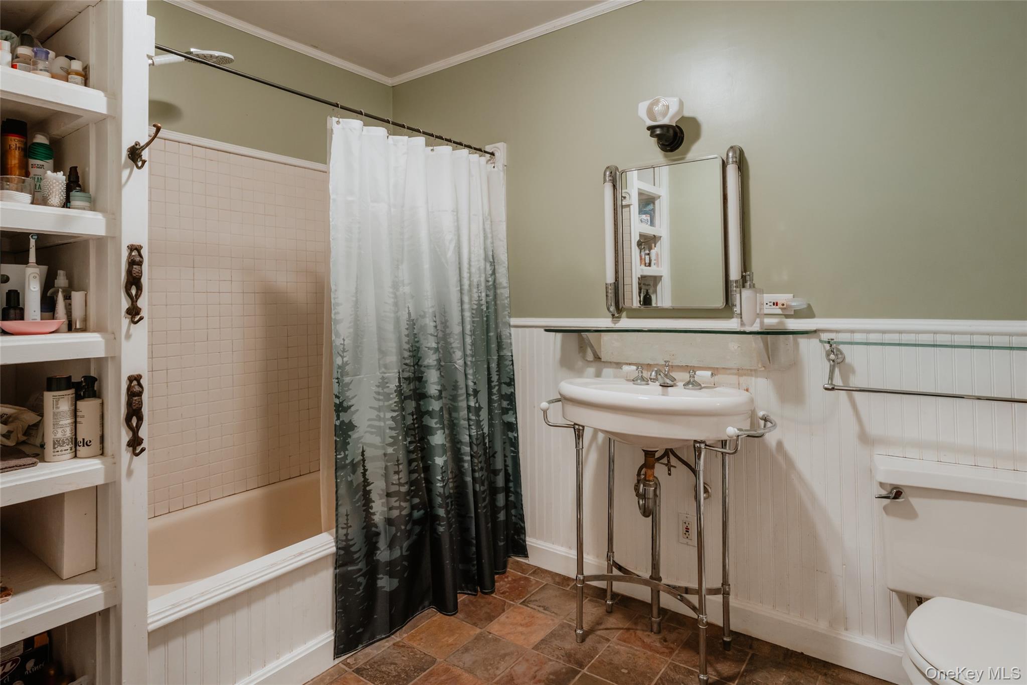 48 Upper Main Street Callicoon, NY 12723 - Photo 40 of 48 Full bathroom featuring shower / bathtub combination with curtain, crown molding, wainscoting, and dark stone finish flooring