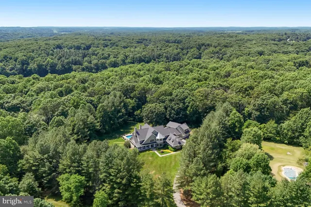 an aerial view of residential houses with outdoor space and trees