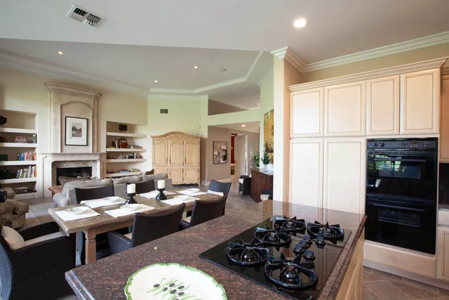a living room with furniture a rug and a fireplace