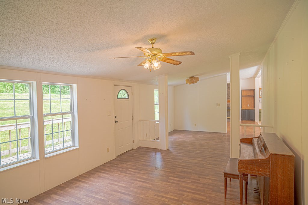967 Buck Run Road Mineral Wells, WV 26150 - Photo 5 of 50 Spacious living area featuring wood-finish flooring, multiple windows, a ceiling fan with integrated lighting, and a white entry door with an arched glass panel