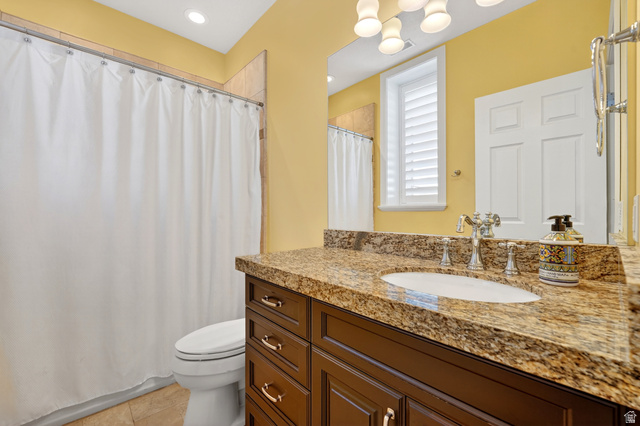 714 Draper Heights Way Draper, UT 84020 - Photo 46 of 88 Bathroom with vanity, a shower with shower curtain, light tile patterned floors, and recessed lighting