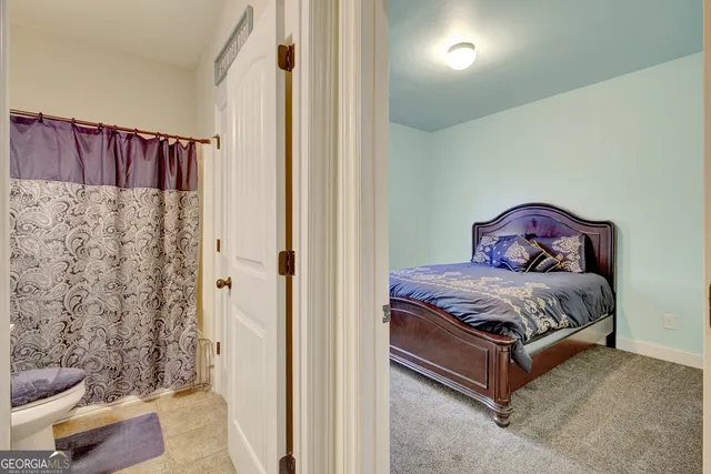 a bathroom with a sink a toilet and shower curtain