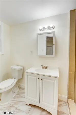 a bathroom with a sink a toilet and mirror
