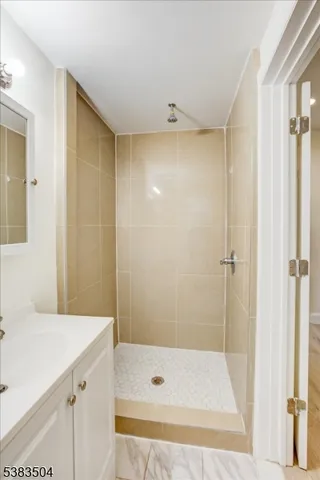 a bathroom with a shower and a sink