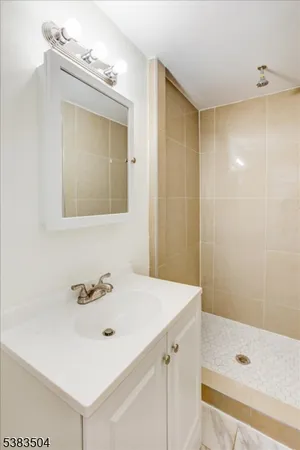 a bathroom with a sink a shower and a mirror